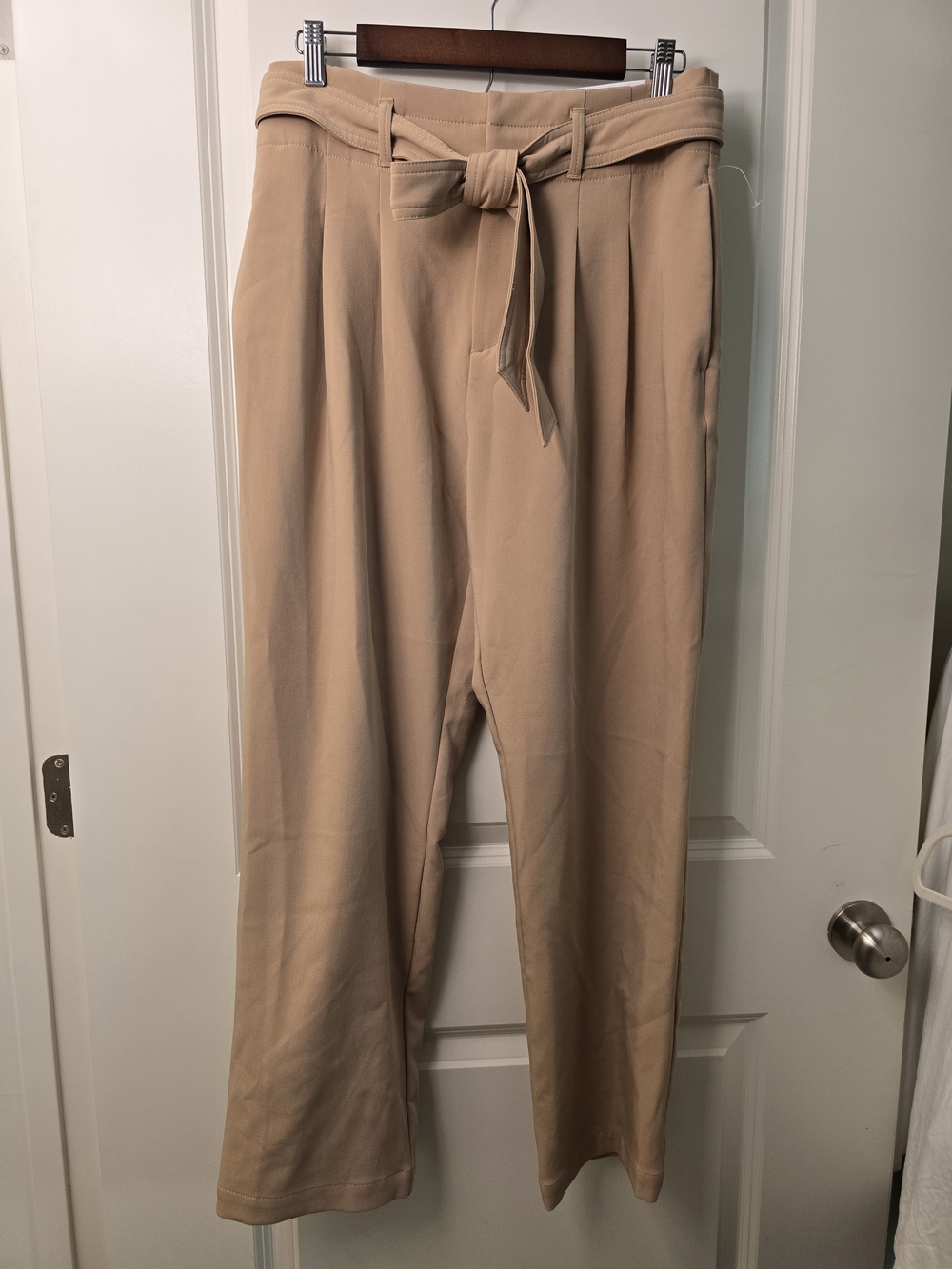 Ann Taylor High-Waist Tie-Waist Taper Leg Pants - Beige